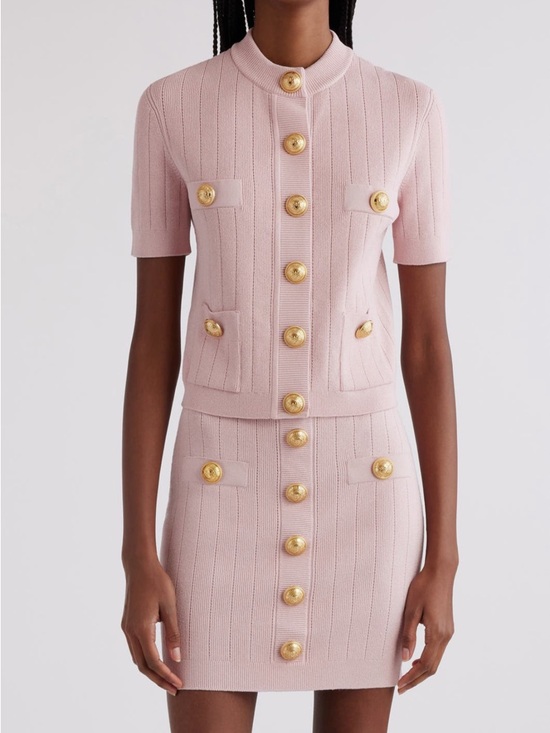 Balmain Sweaters - Balmain Pink Knit Four Pocket Short Sleeve Cardigan NWT